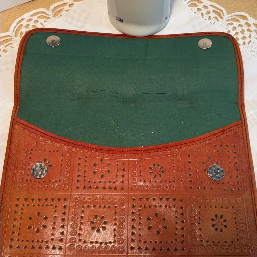 Cognac Leather Clutch w/ Intricate Laser Cut & Embossed Floral New